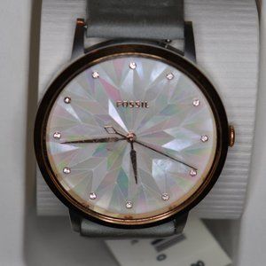 Fossil watch; mother of pearl face; leather band